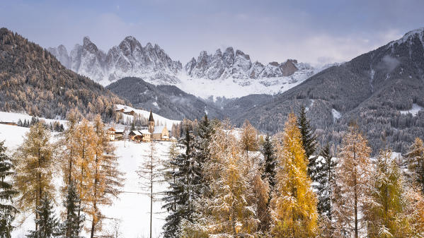 an autumnal view of Villnössertal after the first snowfall with the Geisler Group in the background, Bolzano province, South Tyrol, Trentino Alto Adige, Italy