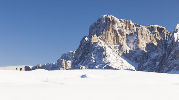 a group of hikers is trekking with snowshoes on the Seiseralm with Langkofel Group in the background, Bolzano province, South Tyrol, Trentino Alto Adige, Italy, 