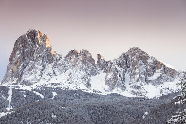 A winter sunset on the Langkofel and Plattkofel in Val Gardena, Bolzano province, Souty Tyrol, Trentino Alto Adige, Italy