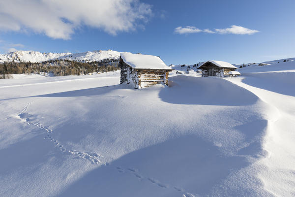 a typical alpine winter pasture in Val Badia with two huts, Bolzano province, South Tyrol, Trentino Alto Adige, Italy