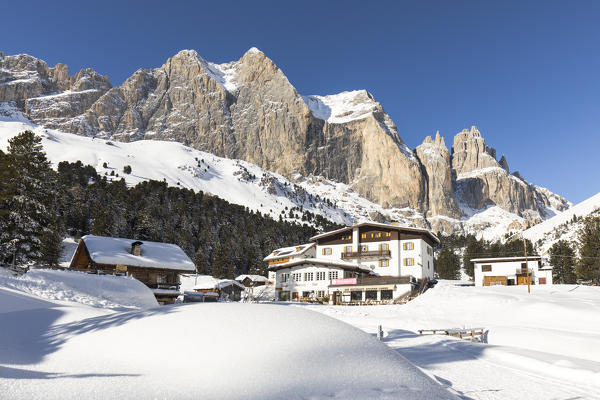 a view of the Gardeccia mountain hut in Fassa Valley with the Rosengarten Group in the background, Trento province, Trentino Alto Adige, Italy