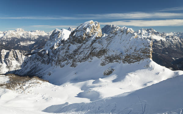 a view of the Cime d'Auta, a dolomitic group near the Marmolada and the village of Falcade, Belluno province, Veneto, Italy