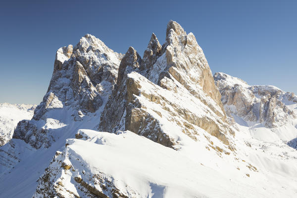 a winter view of the Geisler Group, Bolzano province, South Tyrol, Trentino Alto Adige, Italy