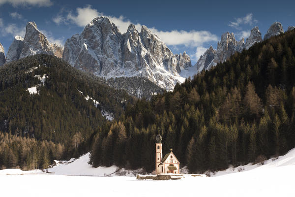 the church of st. John in Villnössertal with the Geisler in the background, Bolzano province, South Tyrol, Trentino Alto Adige, Italy,