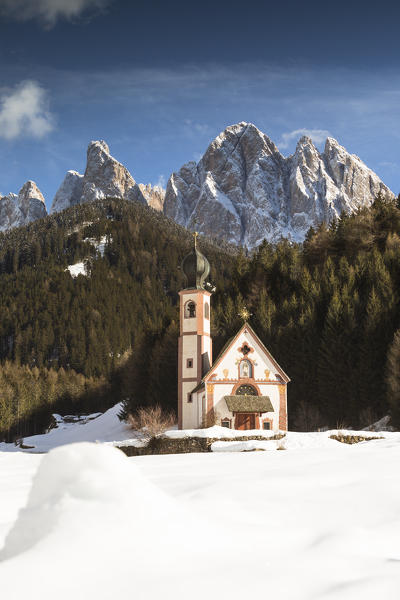 the church of st. John in Villnössertal with the Geisler in the background, Bolzano province, South Tyrol, Trentino Alto Adige, Italy,