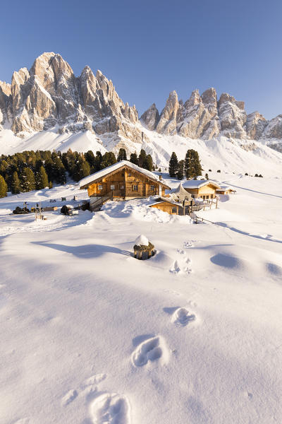 the Geisleralm Hut in Villnössertal with the Geisler in the background, Bolzano province, South Tyrol, Trentino Alto Adige, Italy, 