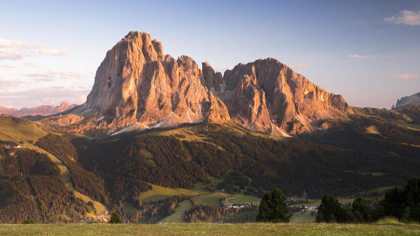 sunset on the Langkofel and Plattkofel Group in Val Gardena, Bolzano province, South Tyrol, Trentino Alto Adige, Italy,