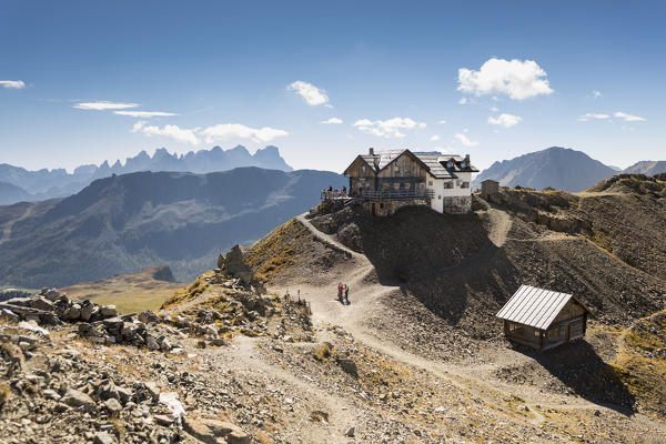 a view of Passo delle Selle Hut into the Marmolada Group, with the Pala Group in the background, Trento Province, Trentino Alto Adige, Italy