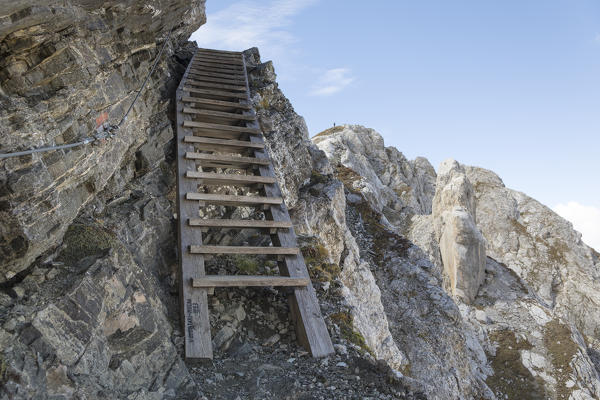 a stair along the via ferrata Bepi Zac along the battle front of the World War One into the Marmolada Group, Trento Province, Trentino Alto Adige, Italy