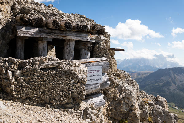 a war station on the austrian battlefront of the World War One along the via ferrata Bepi Zac into the Marmolada Group, Trento Province, Trentino Alto Adige, Italy