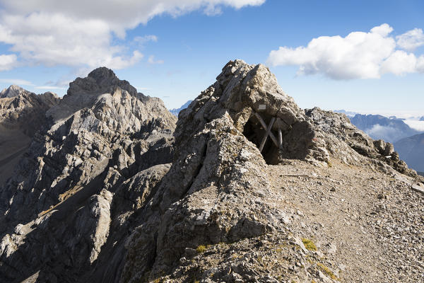 a war station on the austrian battleline of the World War One into the Marmolada Group, Trento Province, Trentino Alto Adige, Italy