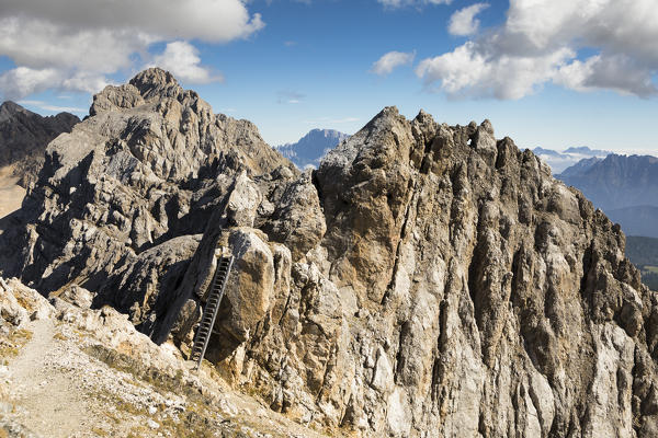 a view of the ridge along the via ferrata Bepi Zac into the Marmolada Group on the battlefront of the World War One, Trento Province, Trentino Alto Adige, Italy