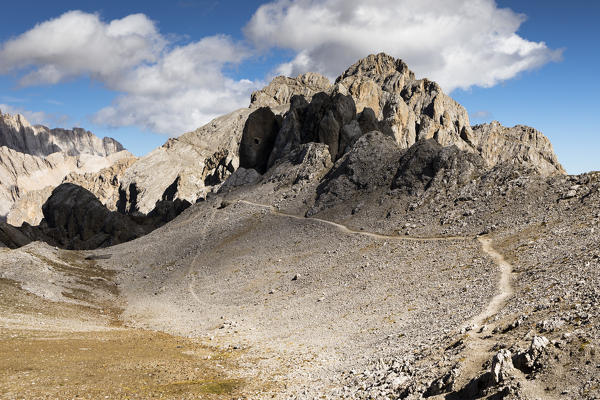 a view of the ridge along the via ferrata Bepi Zac into the Marmolada Group with the Cima dell'Uomo in the background, Trento Province, Trentino Alto Adige, Italy