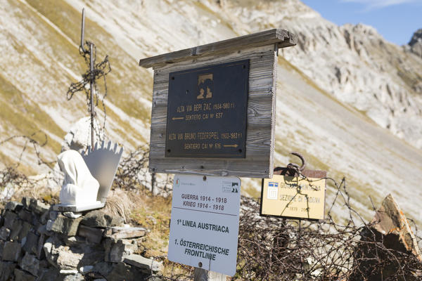 a signboard at the start of the via ferrata Bepi Zac along the battlefront of the World War One, Trento Province, Trentino Alto Adige, Italy
