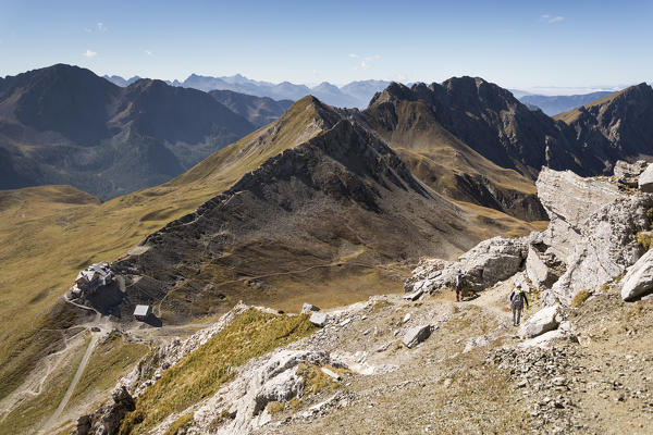 a view of the ridge along the battlefront of the World War One, with the Passo delle Sella alpine hut in the background, Trento Province, Trentino Alto Adige, Italy