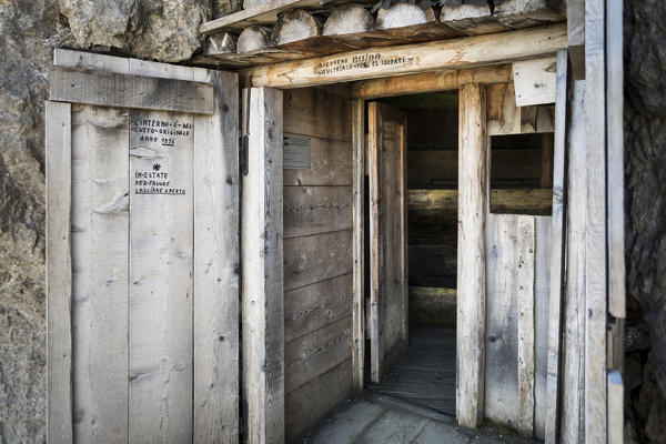 the entrance of a military hut during the World War One, along the via ferrata Bepi Zac into the Marmolada Group, Trento Province, Trentino Alto Adige, Italy