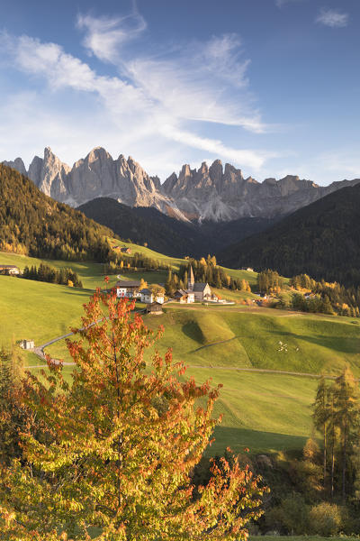 the typical autumnal landscape in Villnössertal with the famous alpine village and the Geisler Group in the background, Bolzano province, South Tyrol, Trentino Alto Adige, Italy