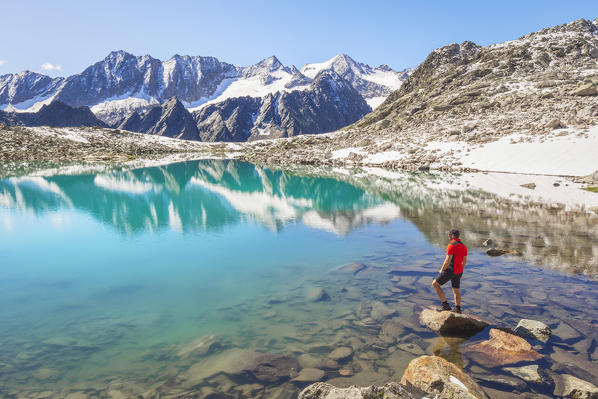 Sommerwand and the Stubai Alps as seen from Lake Rinnensee, Neustift, Innsbruck Land, Tyrol, Austria, Europe 