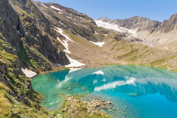 Blaue Lacke mountain lake and the Stubai Alps on a clear sky morning, Neustift im Stubaital, Innsbruck Land, Tyrol, Austria, Europe