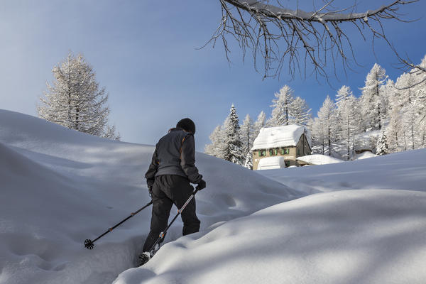 A girl hiking in winter in Alp Solcio towards the Pietro Crosta hut (Alp Solcio, Varzo, Verbano Cusio Ossola province, Piedmont, Italy, Europe)