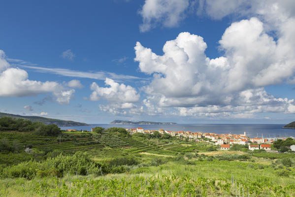View of Komiza village and its bay (Komiza, Vis, Vis Island, Split-Dalmatia county, Dalmatia region, Croatia, Europe)