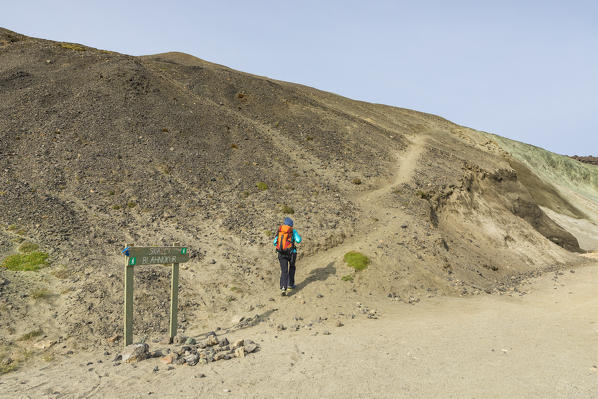 A trekker is beginning the hill to the Blahnukur mountain in Landmannalaugar (Fjallabak Nature Reserve, Highlands, Southern Region, Iceland, Europe) (MR)
