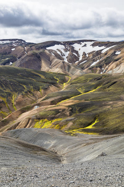 View from the Blahnukur mountain (Landmannalaugar, Fjallabak Nature Reserve, Highlands, Southern Region, Iceland, Europe)