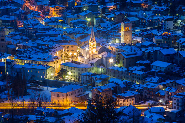 Bormio, Sondrio district, Lombardy, Italy. City lights in winter.