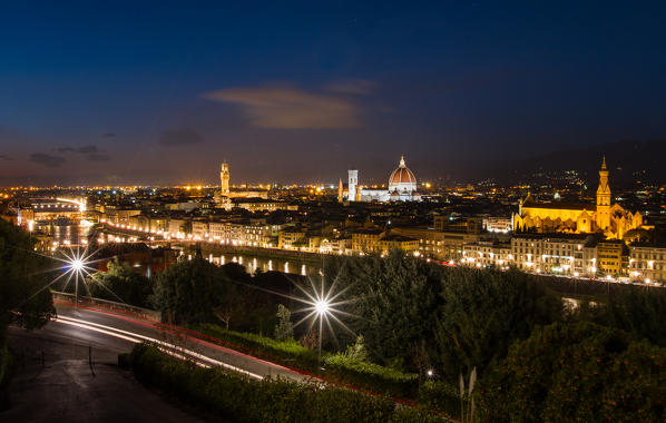 Europe, Italy, Tuscany, Florence. Florence by night from Piazzale Michelangelo, a panoramic point of view over the famous city of Tuscany.