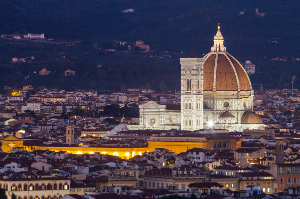 Europe, Italy, Tuscany, Florence. Cathedral of Santa Maria Novella in the center of Florence at first evening lights