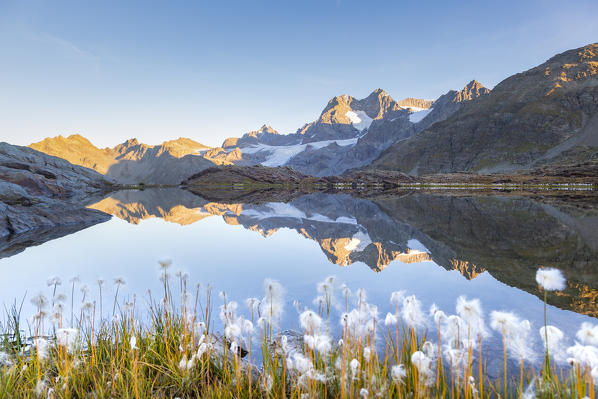 Landscape of an alpine lake during summer in italian Alps mountains. Confinale pass lake, Valmalenco valley, Sondrio district, Valtellina, Alps, Lombardy, Italy, Europe. 