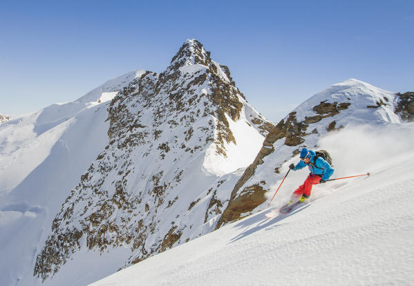 Ski mountaneering, Forni glacier, Italy, Alps. Ski mountaneering at Forni Glacier in italian Alps