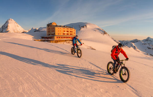 Fat bikers in the Cevedale glacier during winter. Casati refuge, Valfurva, Sondrio district, Lombardy, Italy. 
