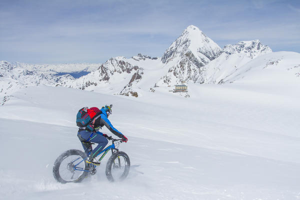Gran Zebrù, Valtellina, Central Alps, Lombardy, Italy. Fat bike in descend from Cevedale mount with Gran Zebrù on background