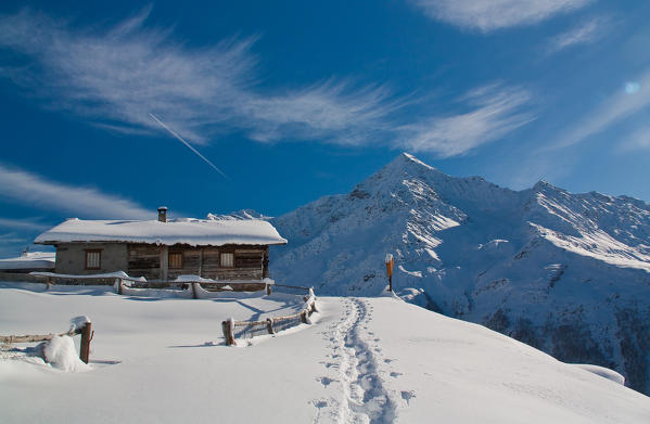 Tresero peak viewed from the Ables chalets, between fresh snow, high Valtellina, Lombardy