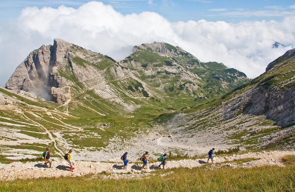 Hikers along the path that leads to the Scalorbi from the shelter Fraccaroli and Mount Carega, highest peak of the Little Dolomites