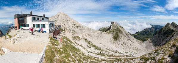 Europe, Italy, Veneto. Panoramic view from Fraccaroli refuge on the summit of mount Carega