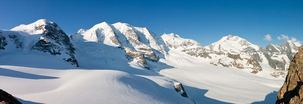 Panoramic shot on Bernina's massif: Palù peak, Bellavista peak, Bernina peak