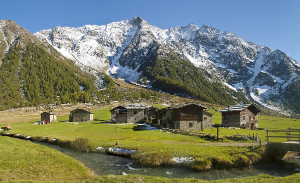 Europe, Italy, Lombardy. Mountain chalets in a green valley of Stelvio National Park
