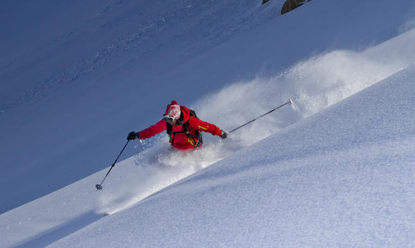 Ski mountaineering in the Alps, Lombardy, Italy.