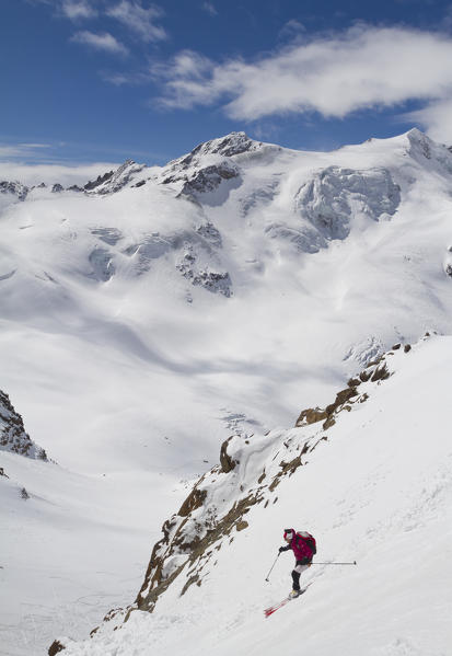 Descent with ski in Forni glacier at Pejo peaks. Santa Caterina Valfurva, Sondrio district, lombardy, italy  