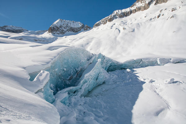 Forms on a glacier, in winter time. Adamello glacier, Lombardy, Italy