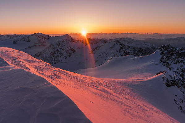 Sunrise from the summit of San Matteo Peak. Santa Caterina Valfurva, Sondrio district, Lombardy, Italy