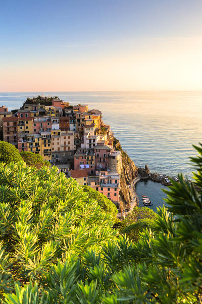 Sunset at the village of Manarola, Cinque Terre, Liguria, Italy, Europe.