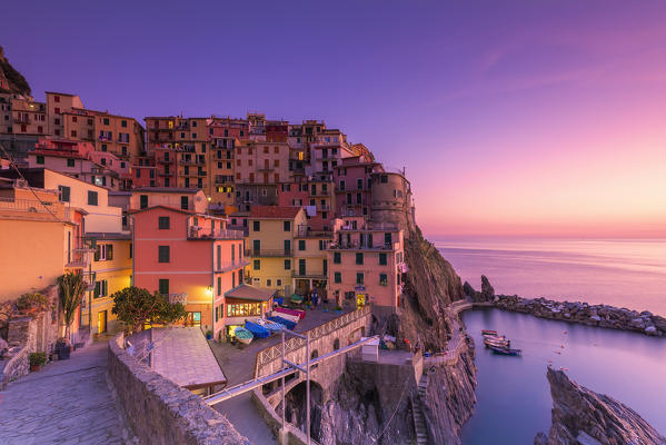 Sunset at the village of Manarola, Cinque Terre, Liguria, Italy, Europe.