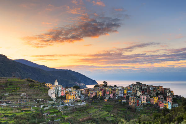 Sunrise in the village of Corniglia. Cinque Terre, Liguria, Italy, Europe.
