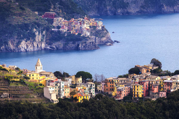 Village of Corniglia and Manarola, Cinque Terre, Liguria, Italy, Europe.