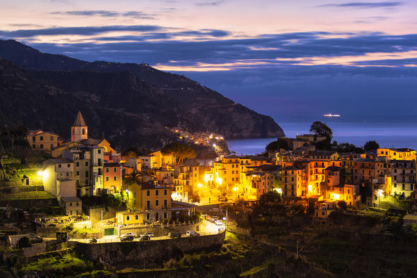 Villages of Corniglia and Manarola at dusk. Cinque Terre, Liguria, Italy, Europe.