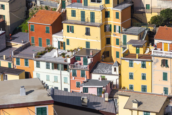 Small church hidden among the houses of Riomaggiore,  Cinque Terre, Liguria, Italy, Europe.