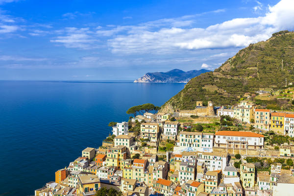 Village of Riomaggiore from above. Cinque Terre, Liguria, Italy, Europe.